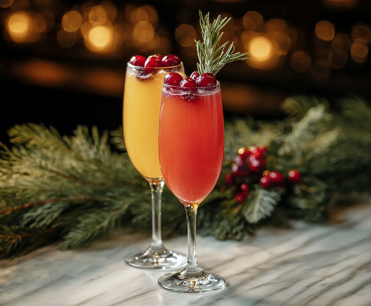 Festive Holly Jolly Mimosa with orange and cranberry garnishes served in a cheerful glass
