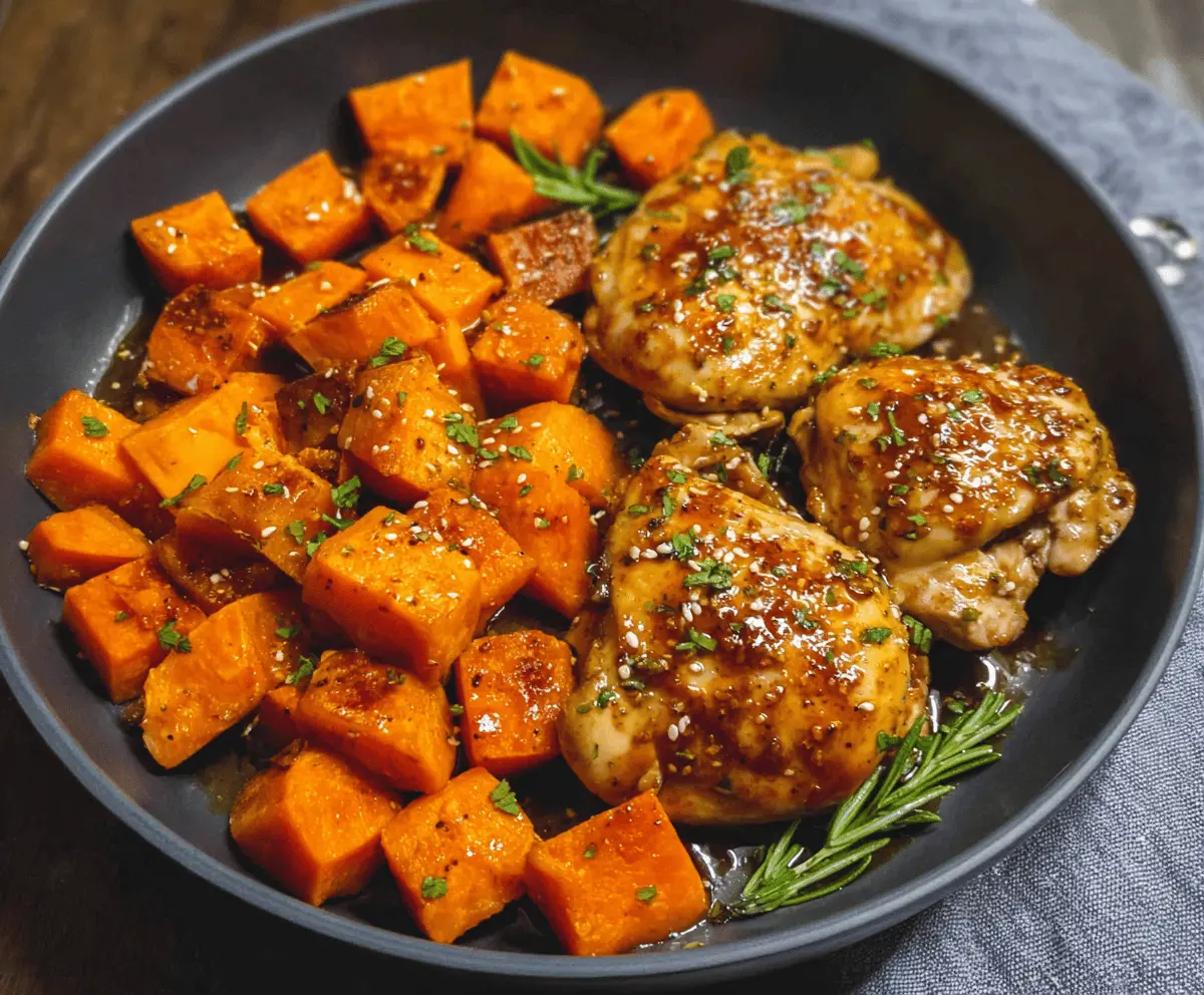 Delicious honey garlic chicken served with roasted sweet potatoes on a plate