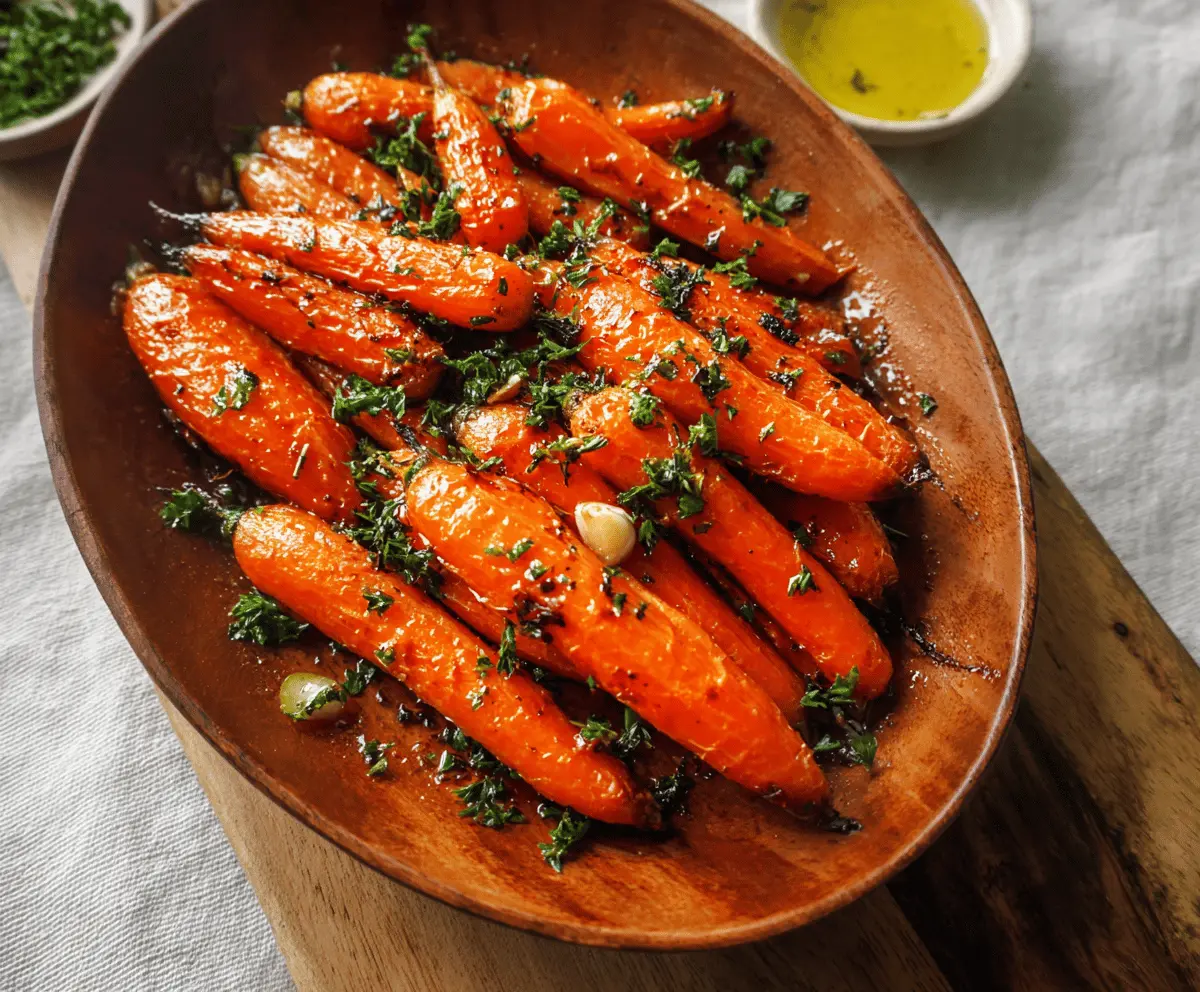 Delicious honey roasted carrots garnished with fresh herbs on a rustic plate