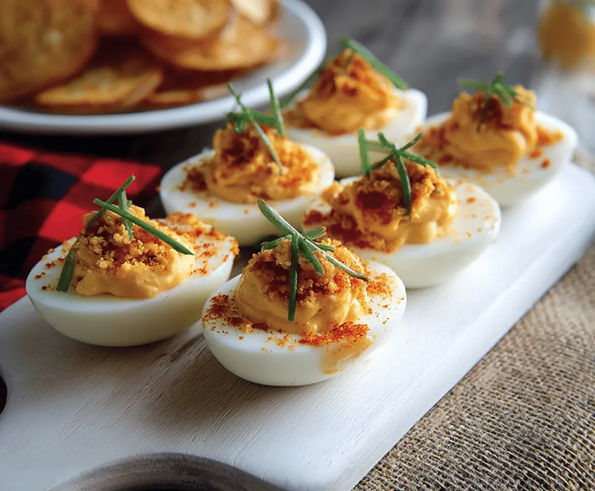 Delicious Hot Honey Deviled Eggs garnished with paprika and fresh herbs