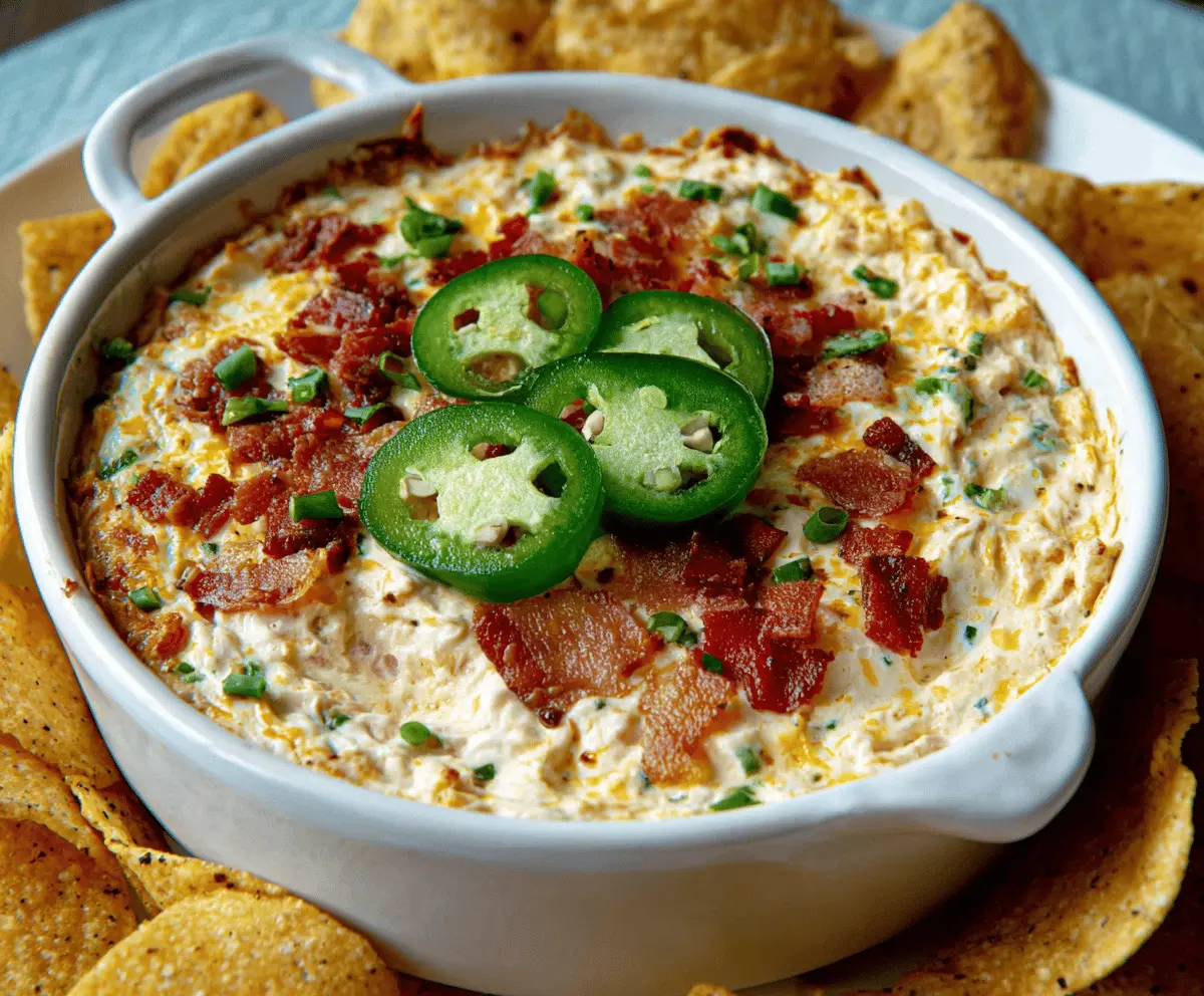 Creamy Jalapeño Popper Dip with melted cheese and chopped jalapeños served in a bowl.
