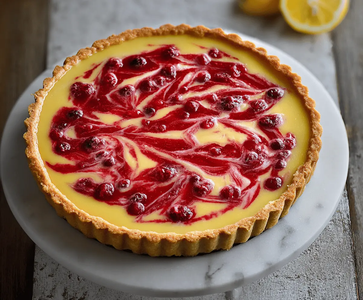 Delicious Lemon Cranberry Tart topped with fresh cranberries and lemon slices on a rustic wooden table.