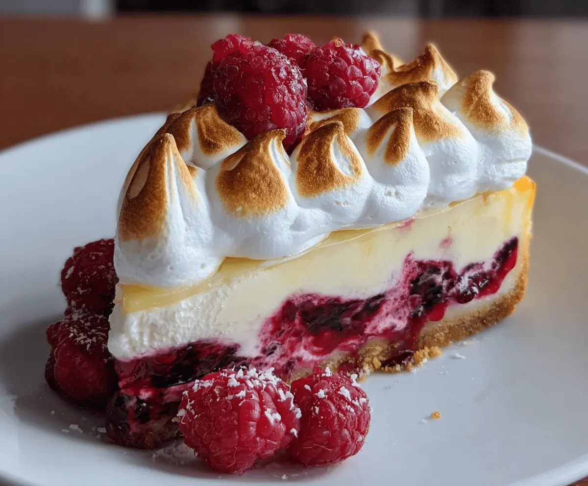 Creamy Lemon Raspberry Meringue Cheesecake topped with fresh raspberries and golden meringue peaks.