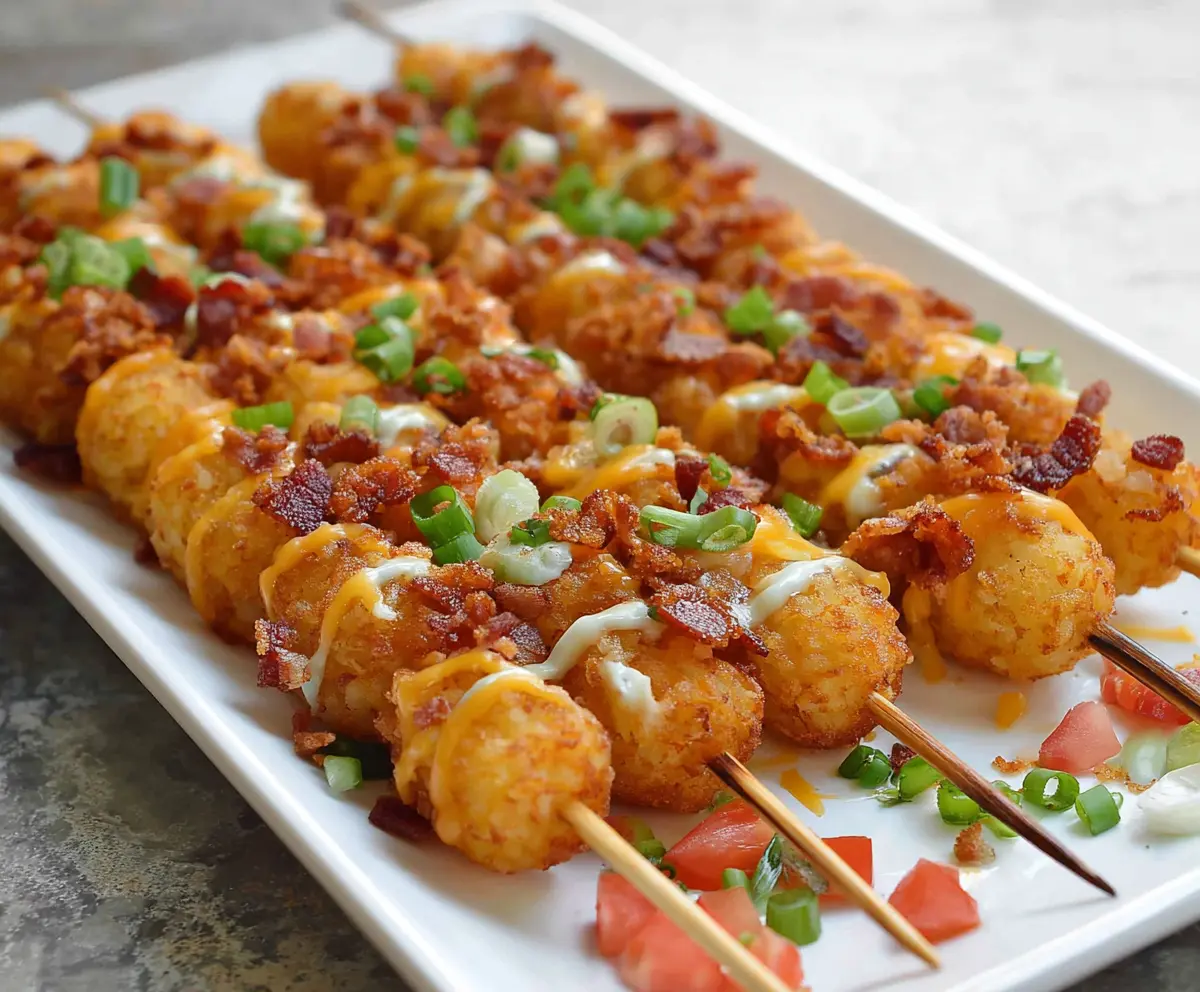 Delicious loaded tater tot skewers topped with cheese, bacon, and chives on a serving platter.