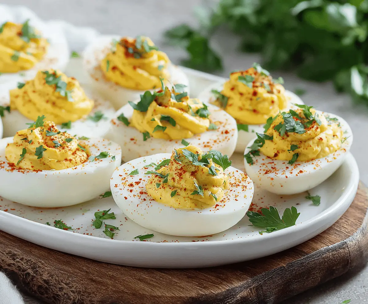 Delicious low-carb deviled eggs garnished with paprika and parsley on a white plate.