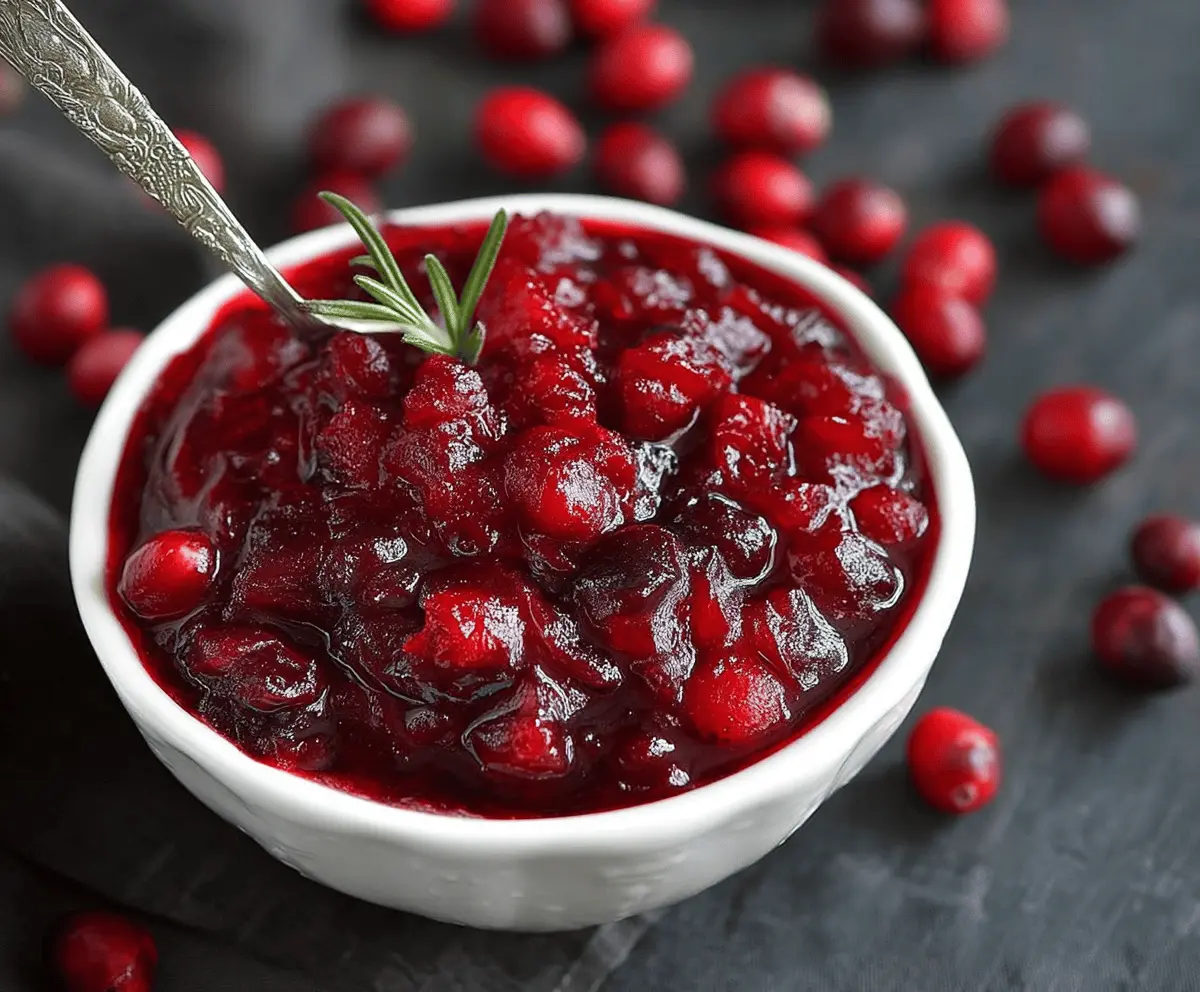 Delicious homemade Maple Cranberry Sauce in a bowl with fresh cranberries and maple syrup.