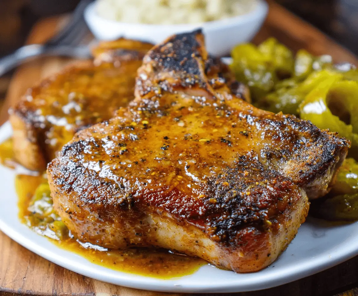 Juicy Mississippi Pork Chops served with mashed potatoes and fresh vegetables on a dinner plate.