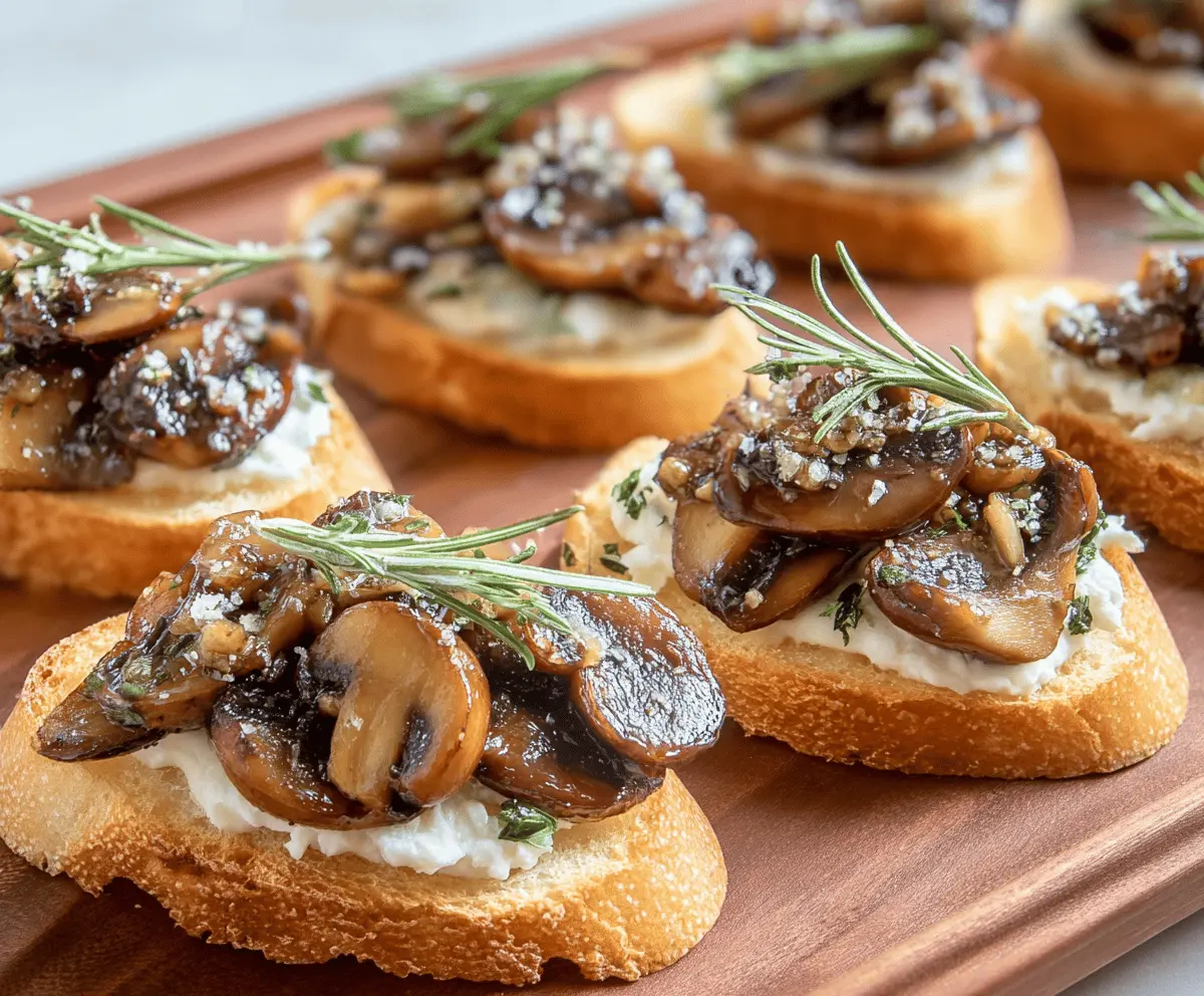 Delicious Mushroom Crostini with sautéed mushrooms and fresh herbs served on crispy baguette slices