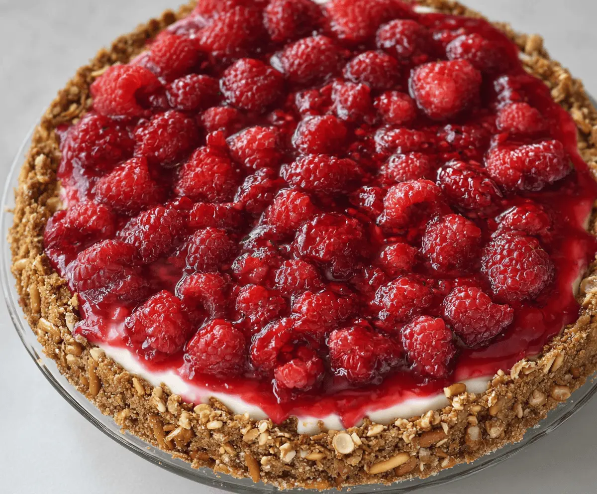 Delicious No-Bake Raspberry Pretzel Pie topped with fresh raspberries and whipped cream.