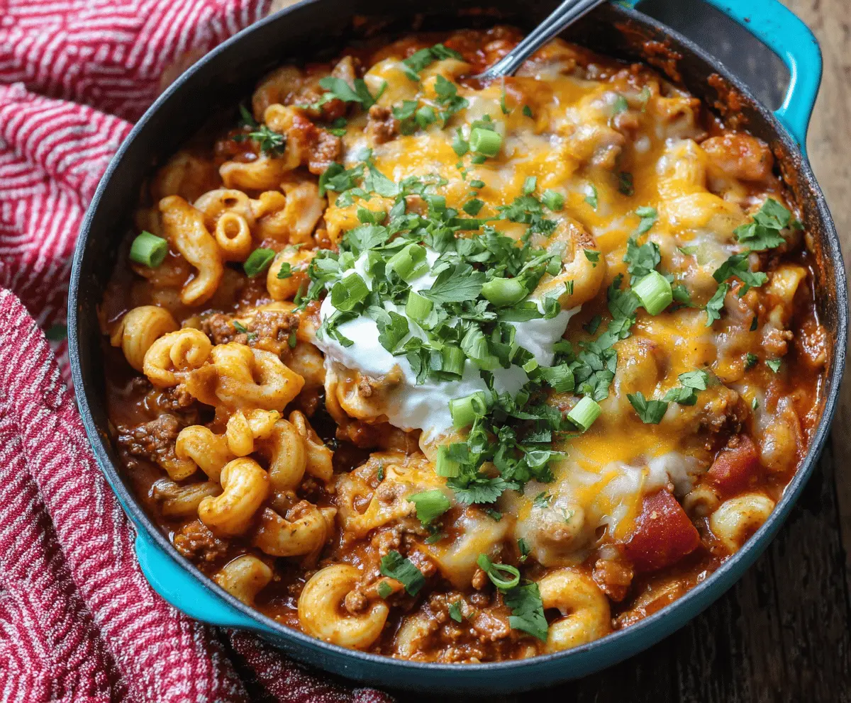 Delicious One Pot Chili Mac and Cheese ready to serve, showcasing a creamy, cheesy pasta with chili topping.