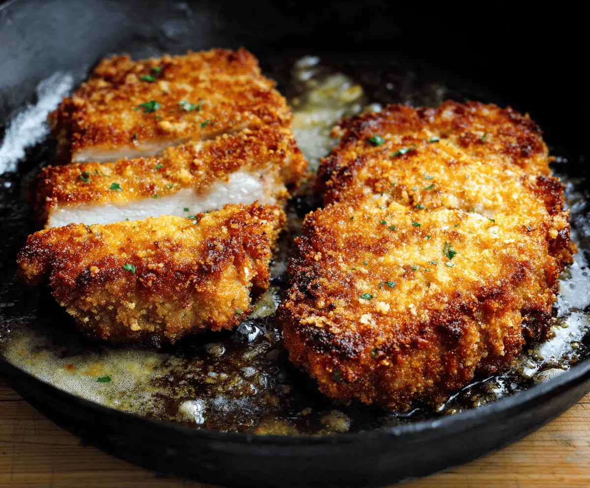 Golden Parmesan crusted pork chops served with fresh herbs on a rustic plate.