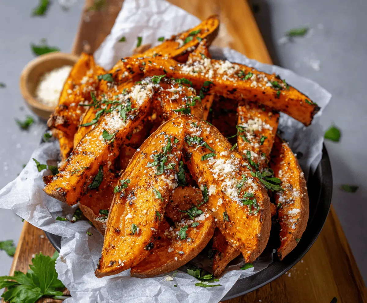 Crispy Parmesan Garlic Sweet Potato Wedges served on a white plate, garnished with parsley