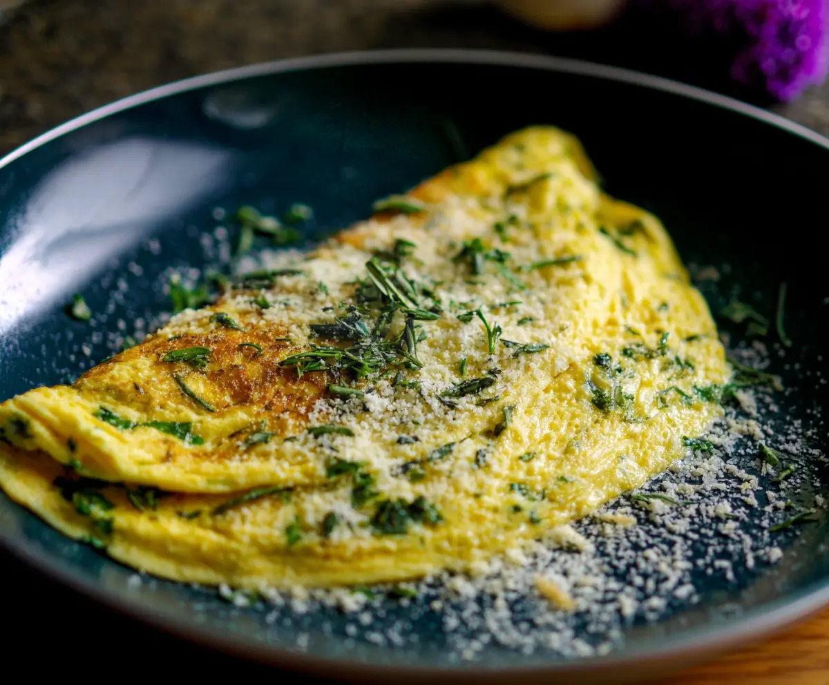 Delicious Parmesan Herb Omelet garnished with fresh herbs on a white plate