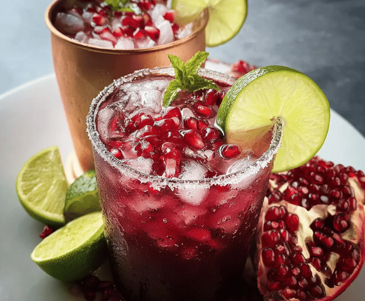 Refreshing Pomegranate Mule cocktail garnished with pomegranate seeds and mint leaves.