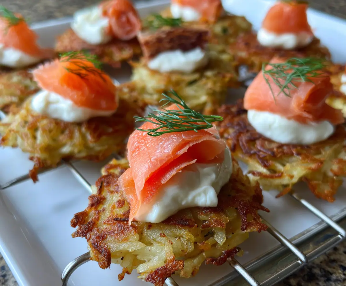 Delicious Potato Latke Bites topped with smoked salmon and fresh herbs, perfect for parties.