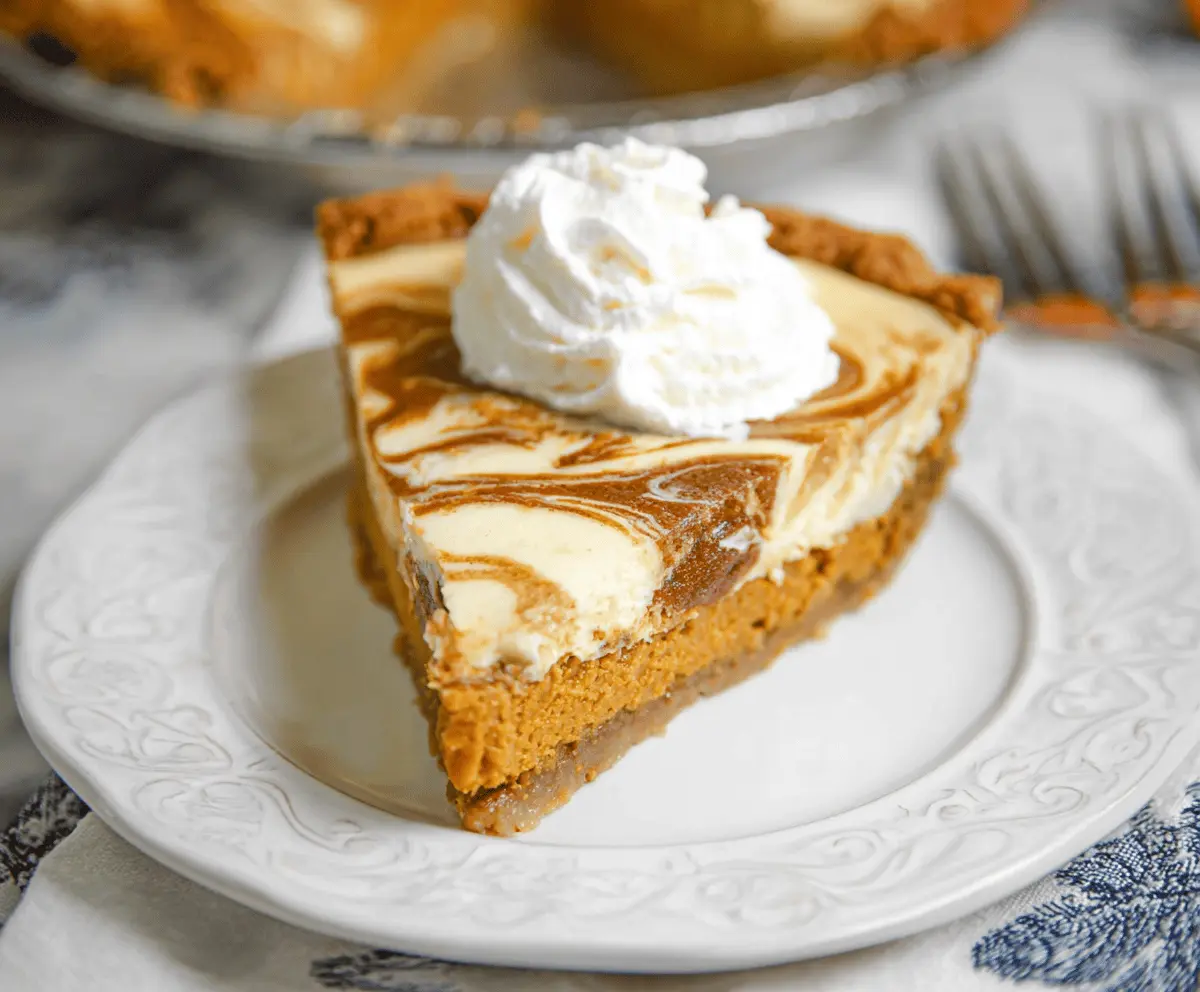 Delicious Pumpkin Cheesecake Swirl Pie topped with whipped cream, perfect for fall celebrations.