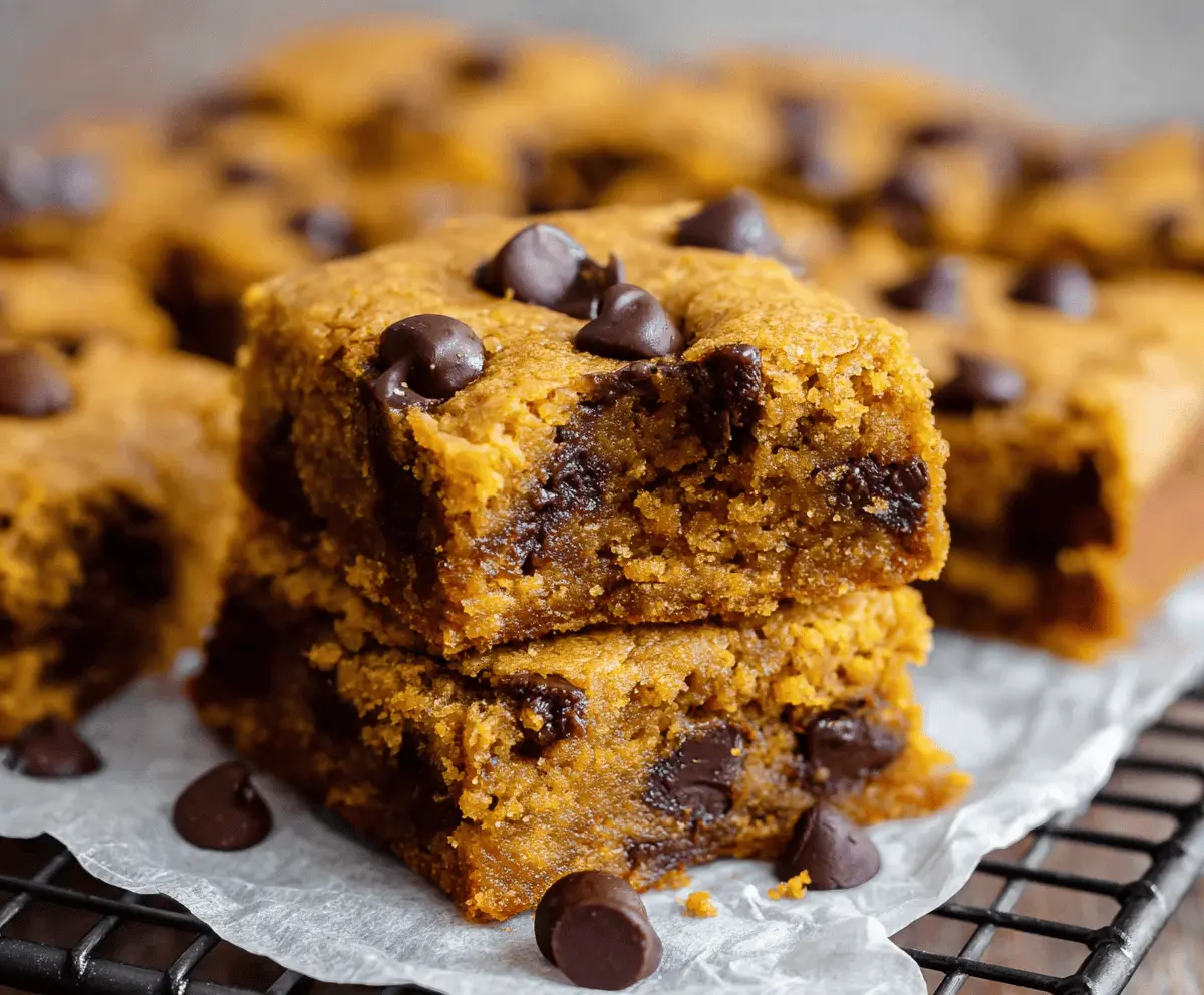 Delicious homemade pumpkin chocolate chip bars with a golden crust and melty chocolate chips