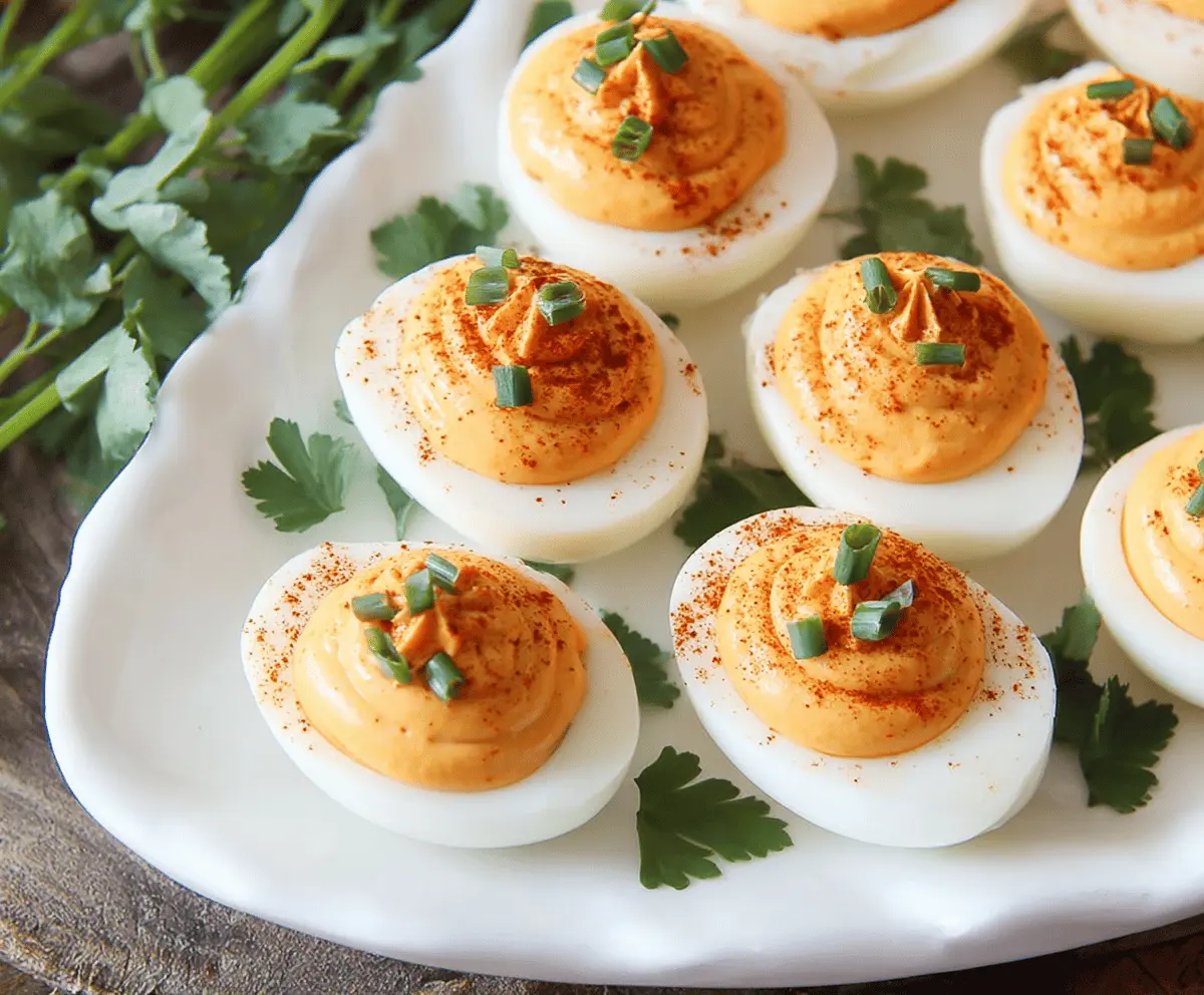 Delicious pumpkin deviled eggs garnished with herbs on a festive platter for fall parties.