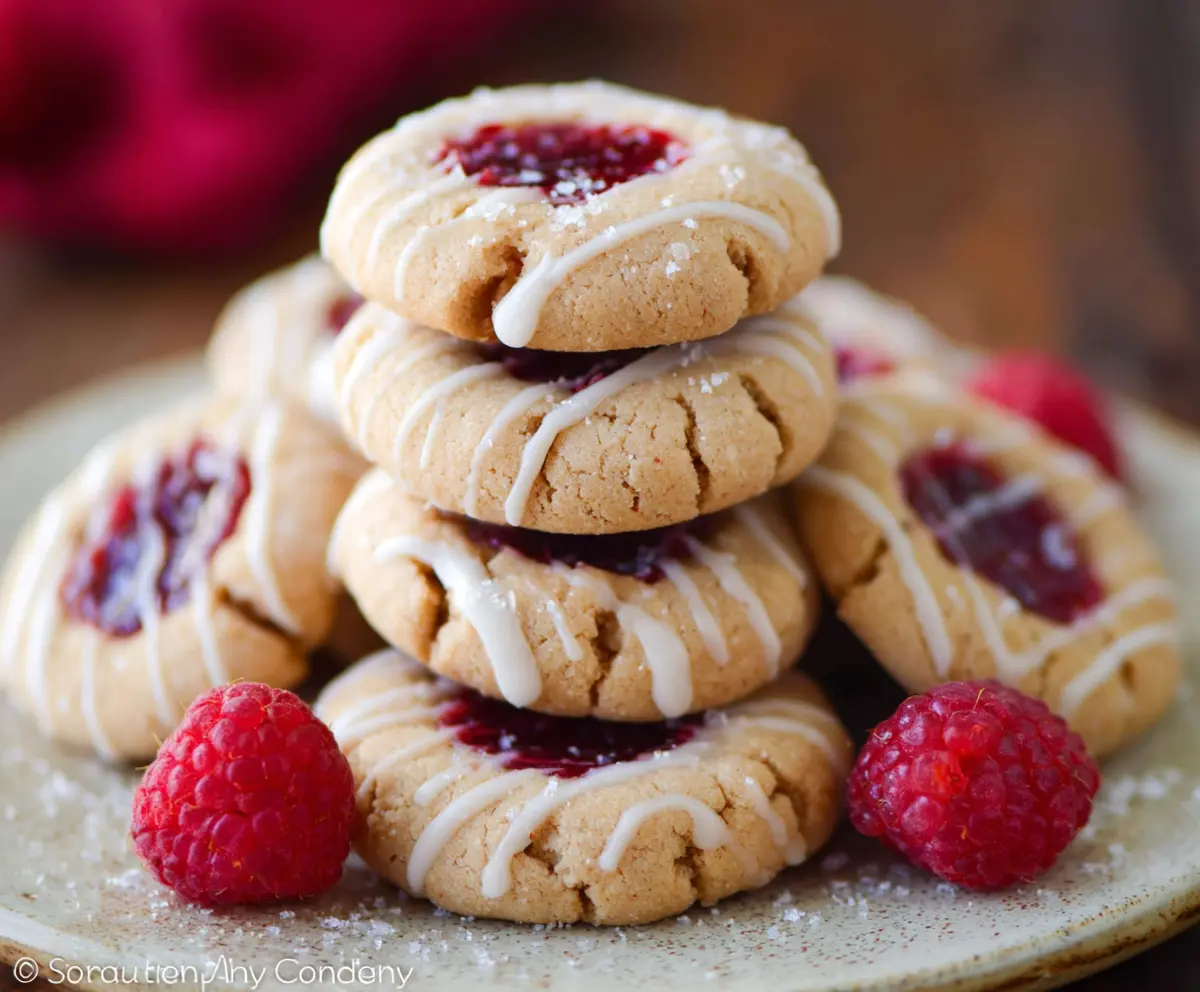 Delicious Raspberry Almond Butter Cookies on a baking tray, perfect for a healthy snack or dessert.