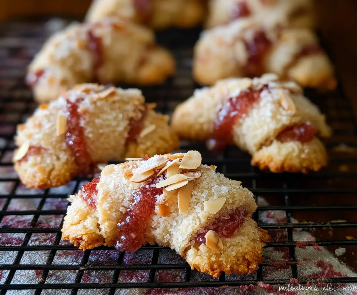 Delicious Raspberry Almond Crescent Cookies on a platter, showcasing flaky golden pastry filled with raspberry jam and toasted almonds.