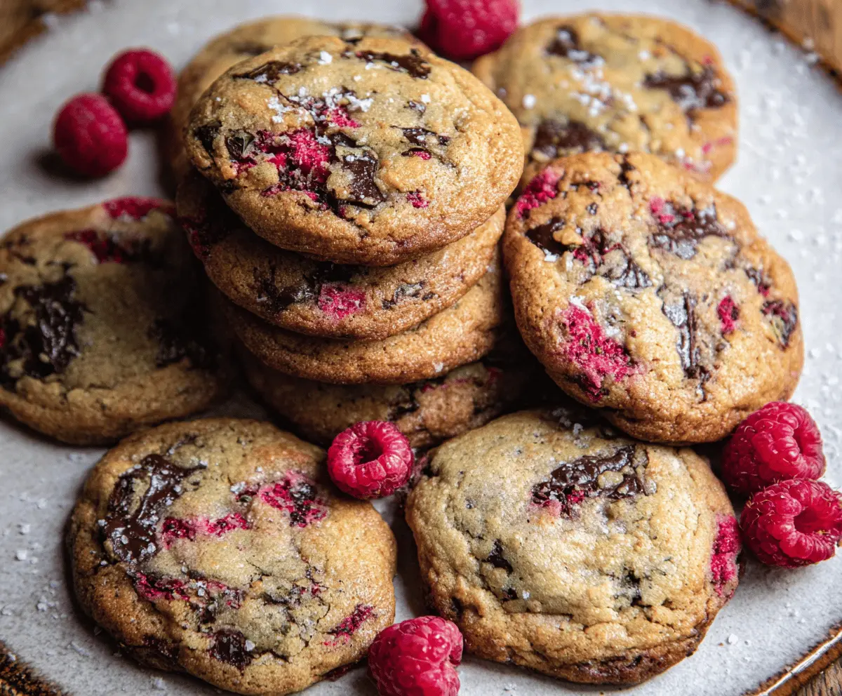 Delicious raspberry and chocolate chip cookies fresh out of the oven, perfect for dessert or a snack.