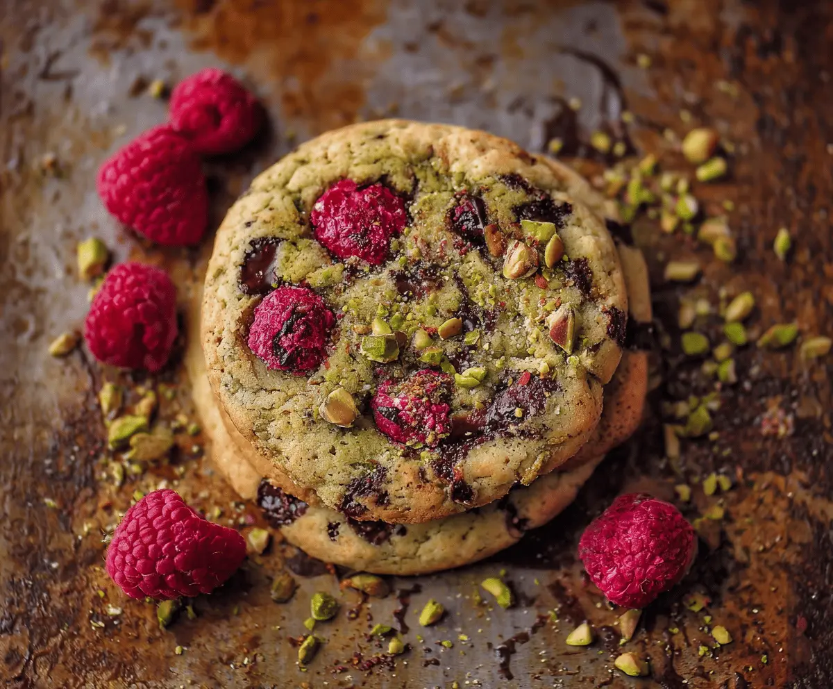Delicious raspberry and pistachio cookies with vibrant red berries and crunchy green pistachios on a rustic wooden table.