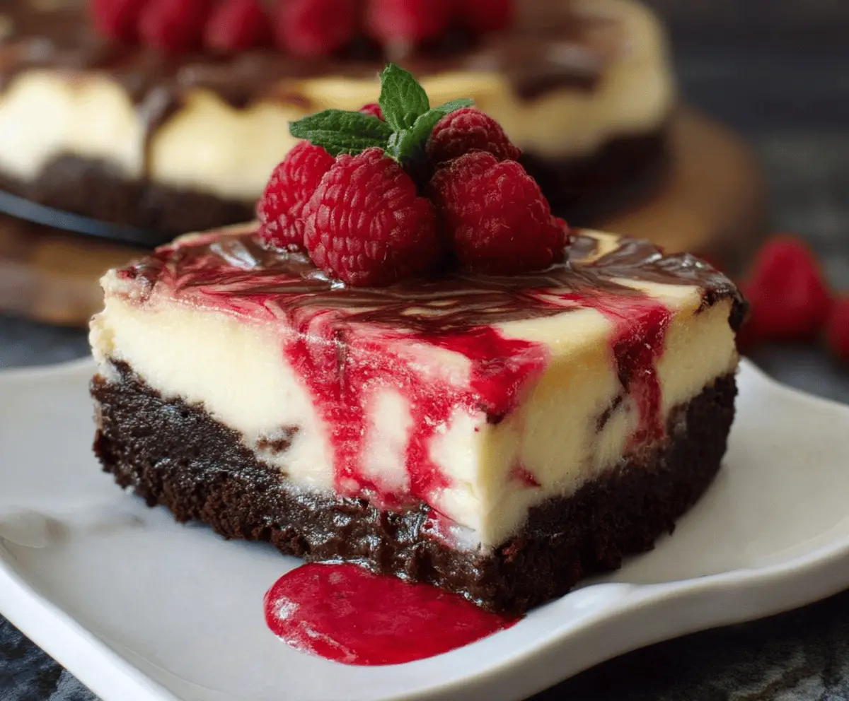 Delicious Raspberry Brownie Cheesecake with fresh raspberries on top and a rich, chocolaty crust.