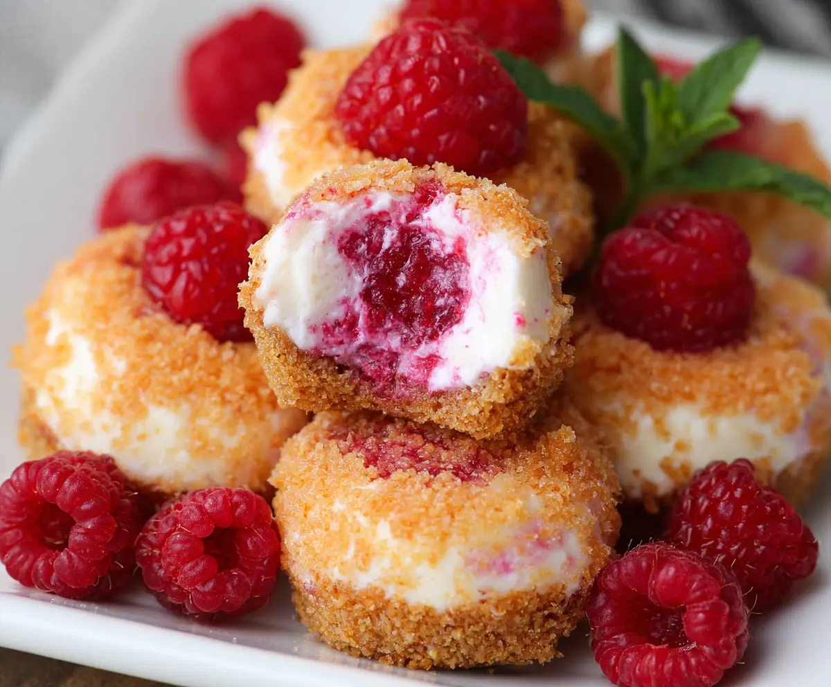 Delicious Raspberry Cheesecake Bites on a plate with fresh raspberries and mint garnish