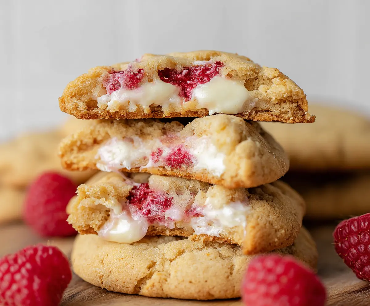 Delicious Raspberry Cheesecake Stuffed Cookies with a vibrant raspberry filling and creamy cheesecake center.
