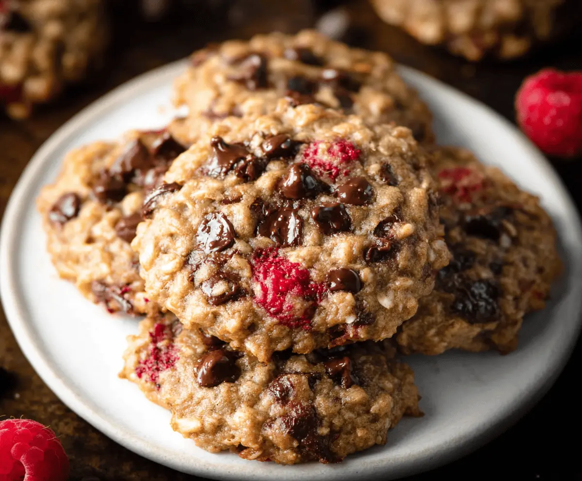 Delicious Raspberry Chocolate Oatmeal Cookies on a cooling rack, showcasing a mouthwatering blend of berries, chocolate, and oats.