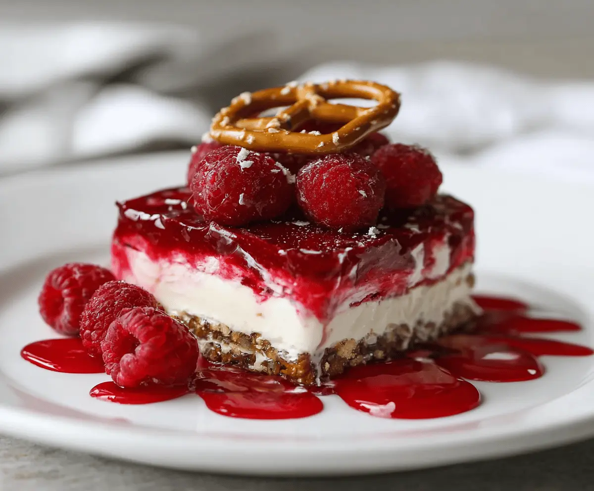 Delicious Raspberry Pretzel Dessert with fresh raspberries and creamy topping on a decorative plate.