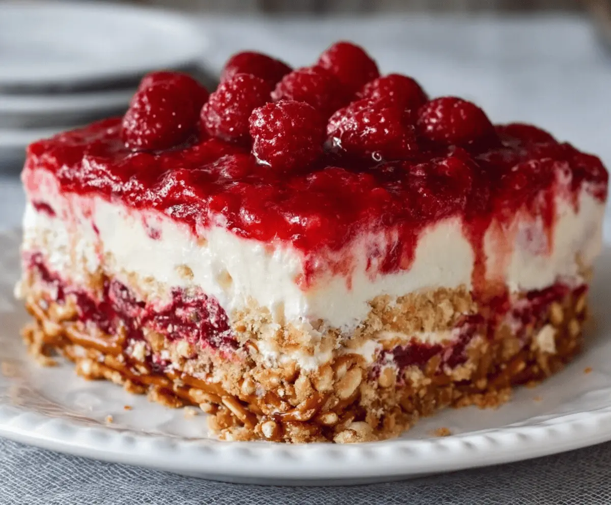Delicious Raspberry Pretzel Salad Cake with fresh raspberries and crispy pretzel crust