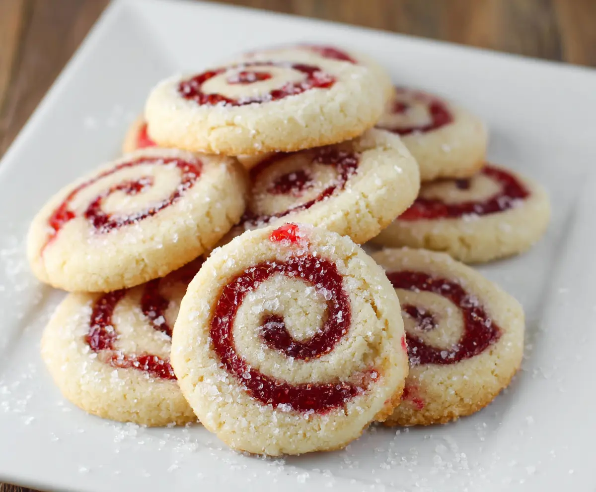 Delicious Raspberry Swirl Cookies with a vibrant red swirl pattern and sweet raspberry filling.