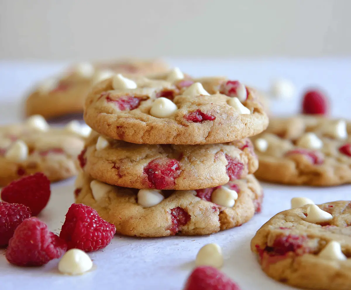 Delicious Raspberry White Chocolate Chip Cookies on a baking sheet, showcasing fresh berries and melted white chocolate.