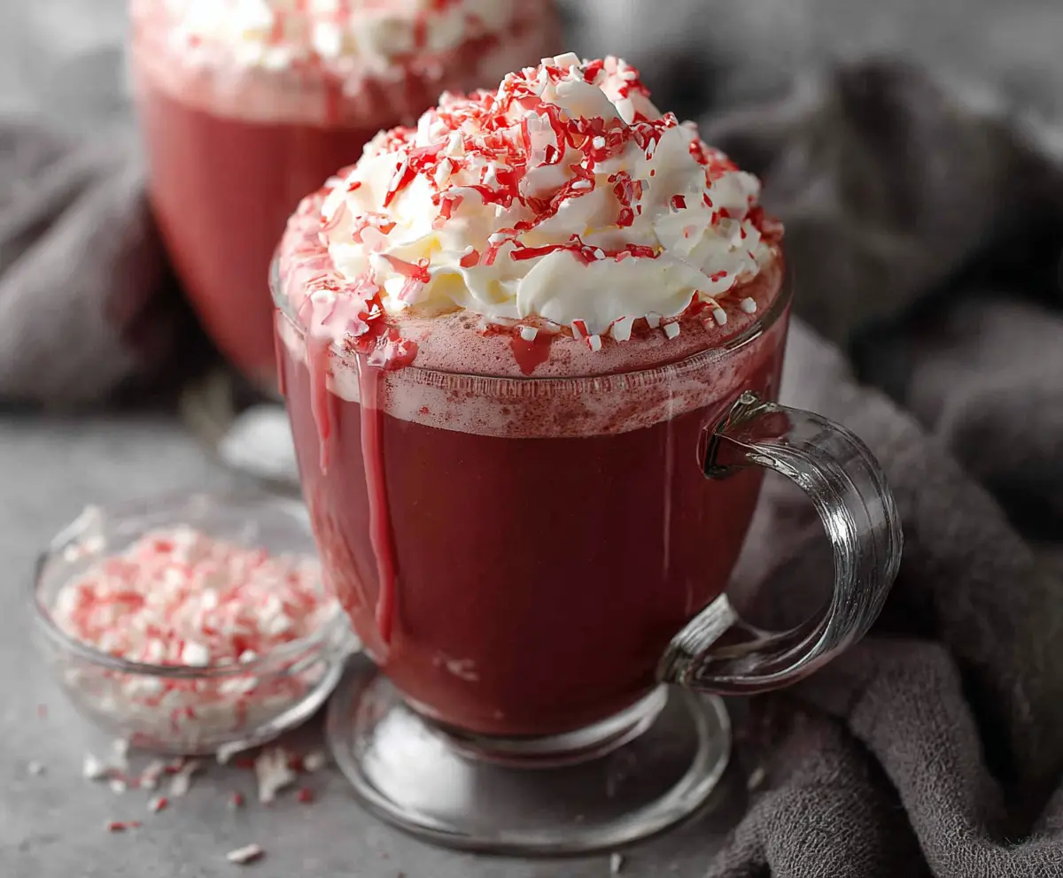 Creamy red velvet hot chocolate topped with whipped cream and chocolate shavings in a cozy mug.