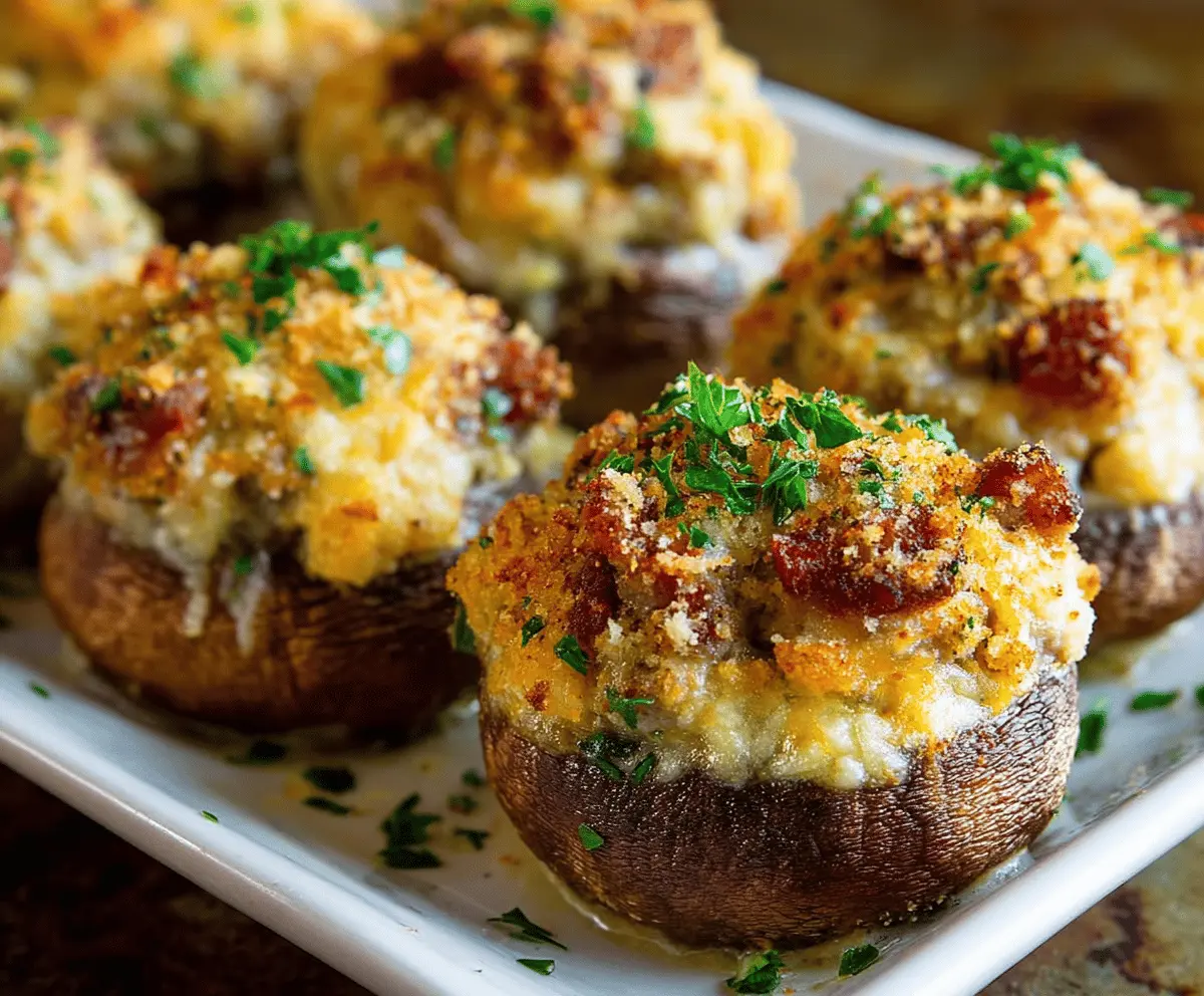 Delicious sausage stuffed mushrooms topped with melted cheese, perfect appetizer for parties.