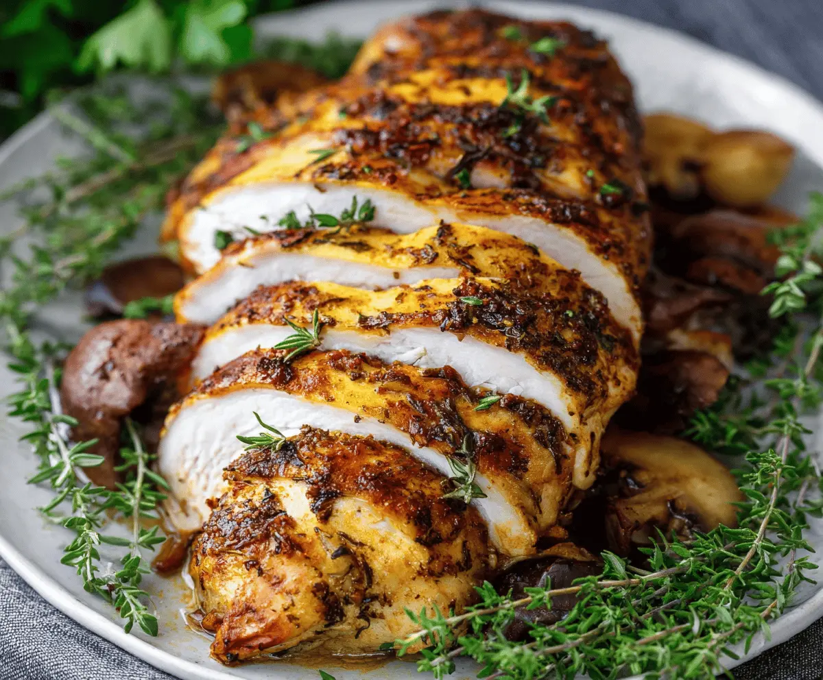 Juicy slow cooker turkey breast with golden brown skin served on a white plate.