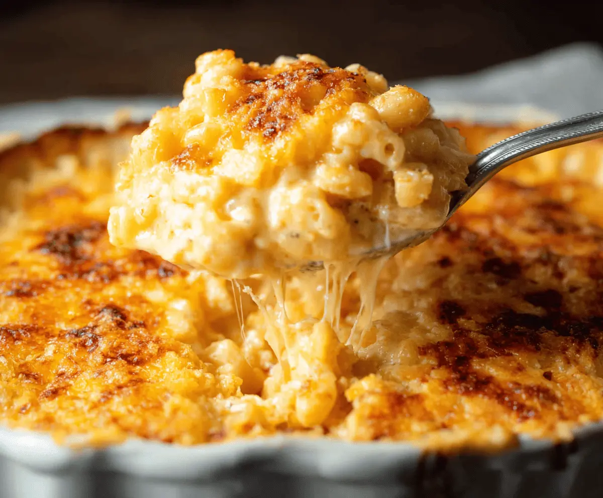 Creamy Southern Baked Mac And Cheese with golden crust, perfect comfort food
