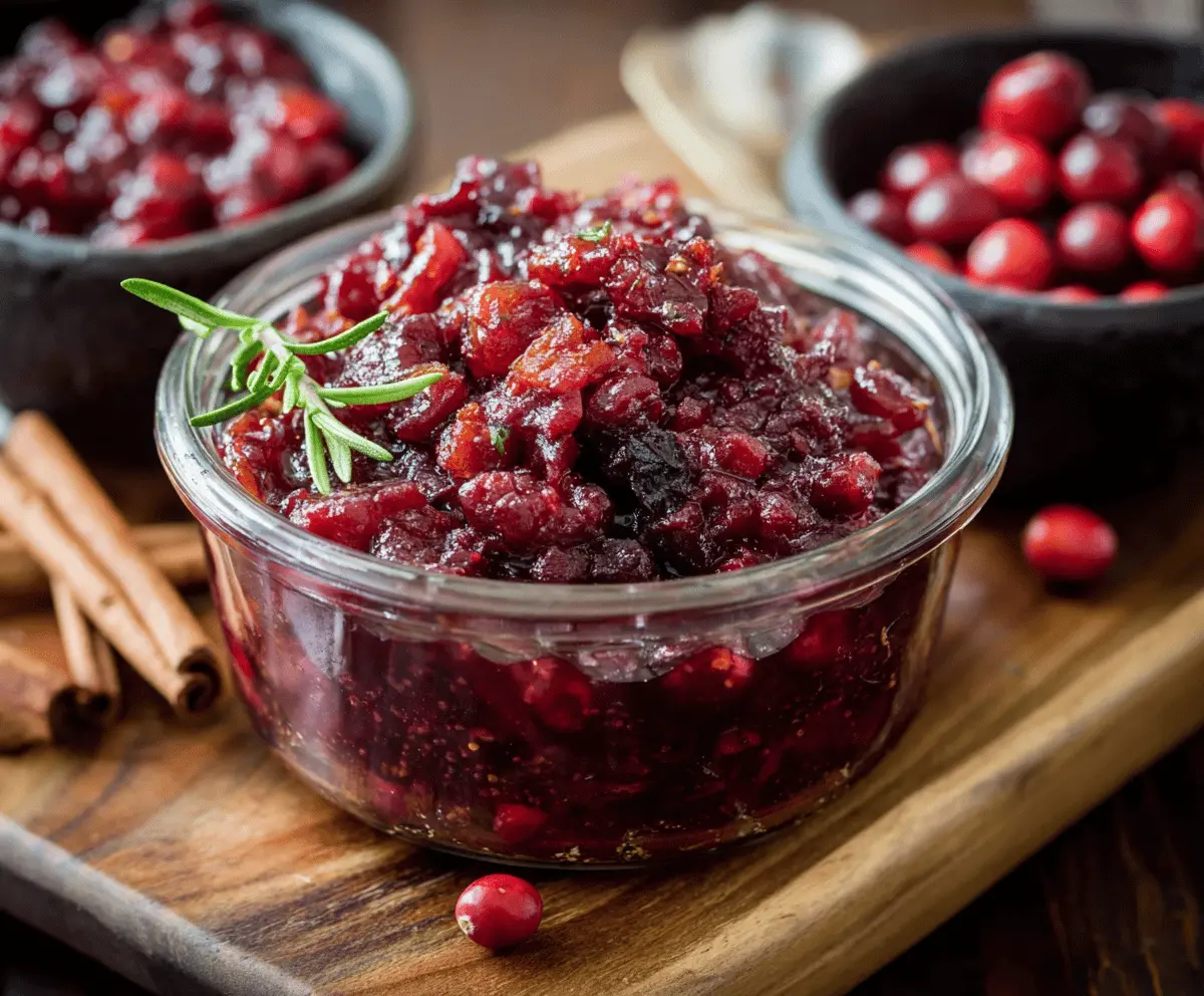 A vibrant jar of Spicy Chipotle Cranberry Chutney with red cranberries and spicy chipotle peppers.