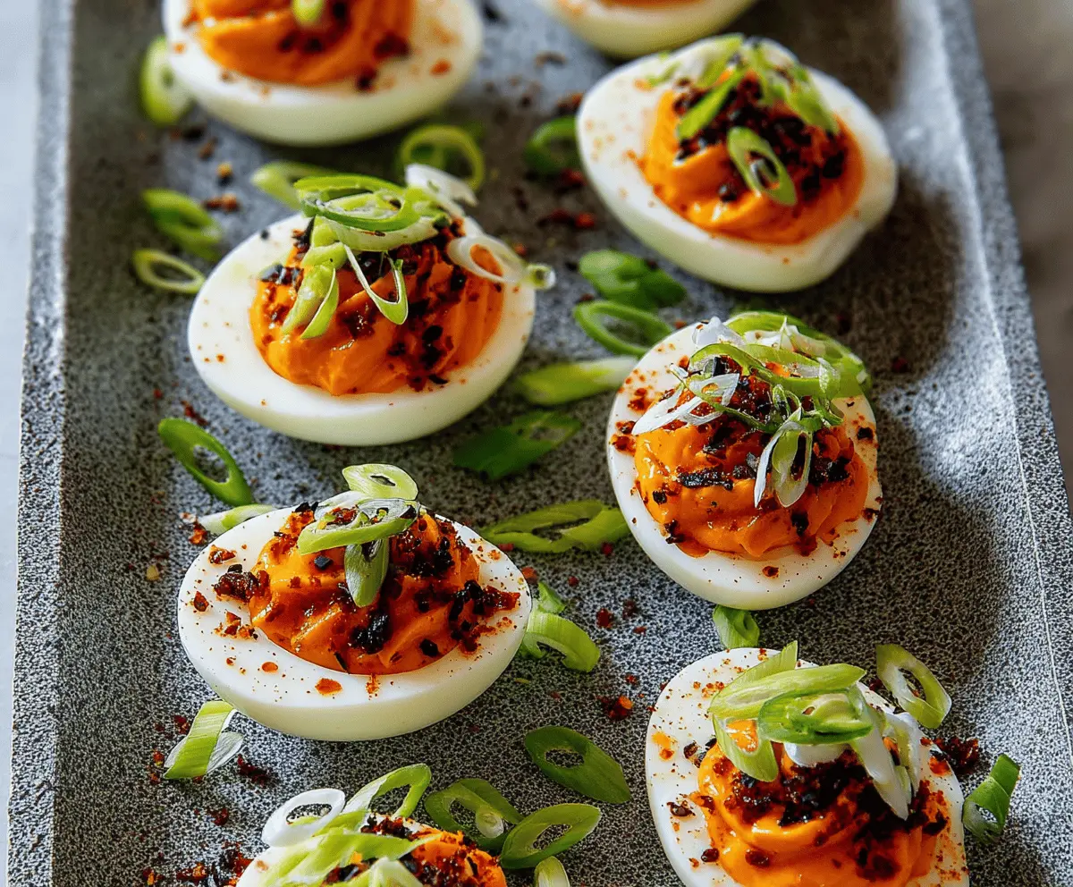Delicious Spicy Gochujang Deviled Eggs with vibrant red filling on a white plate