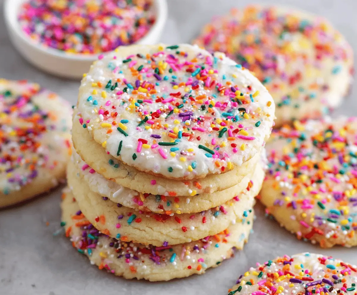 Classic sprinkle sugar cookies with colorful rainbow sprinkles on a baking tray.