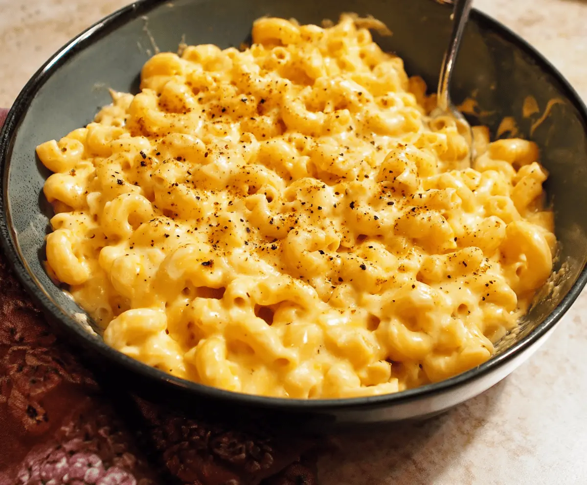 Creamy stovetop mac and cheese served in a rustic bowl, perfect for comfort food lovers.