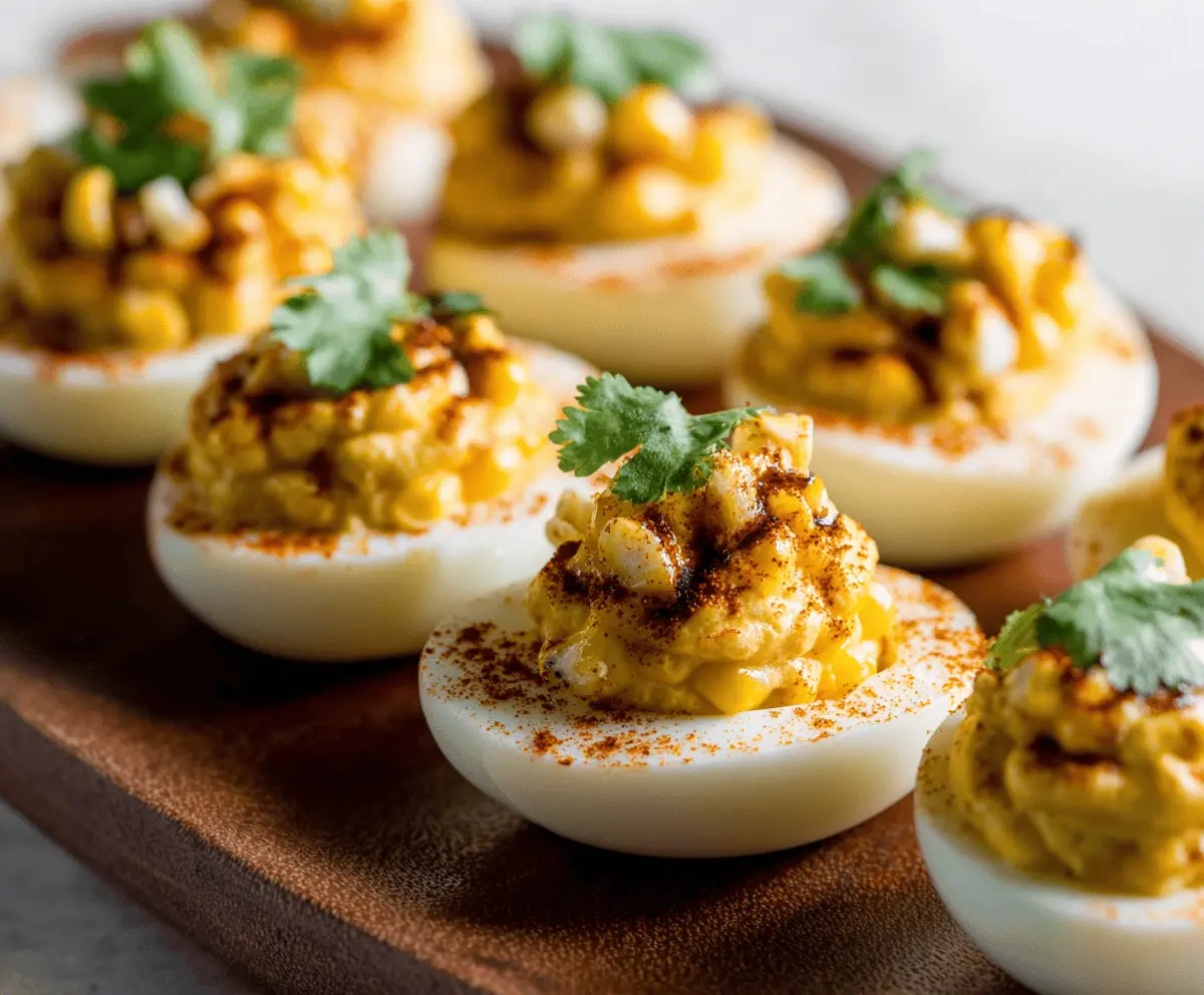 Delicious Street Corn Deviled Eggs with vibrant toppings and fresh herbs.