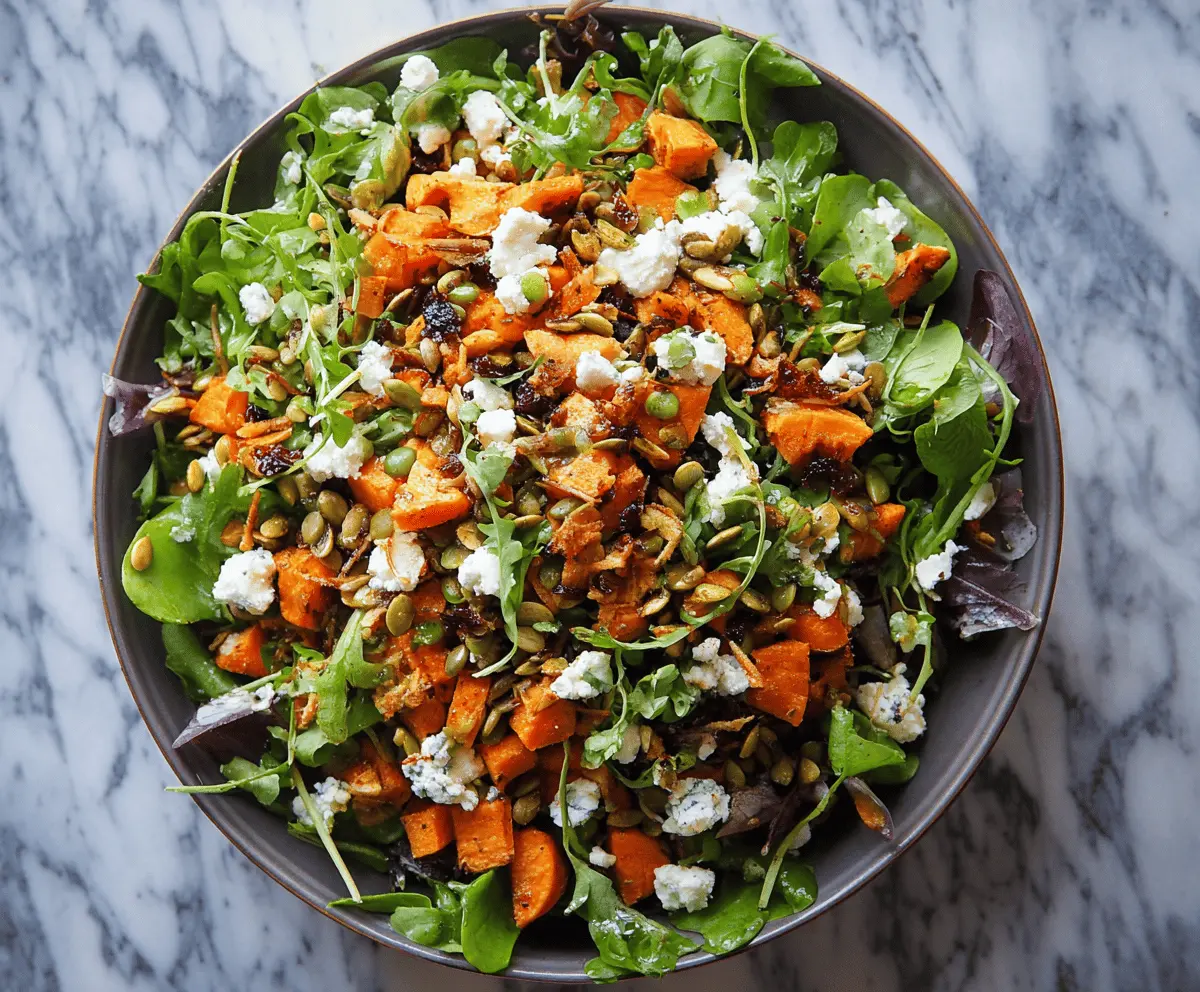 Vibrant sweet potato and feta salad garnished with fresh herbs on a white plate.
