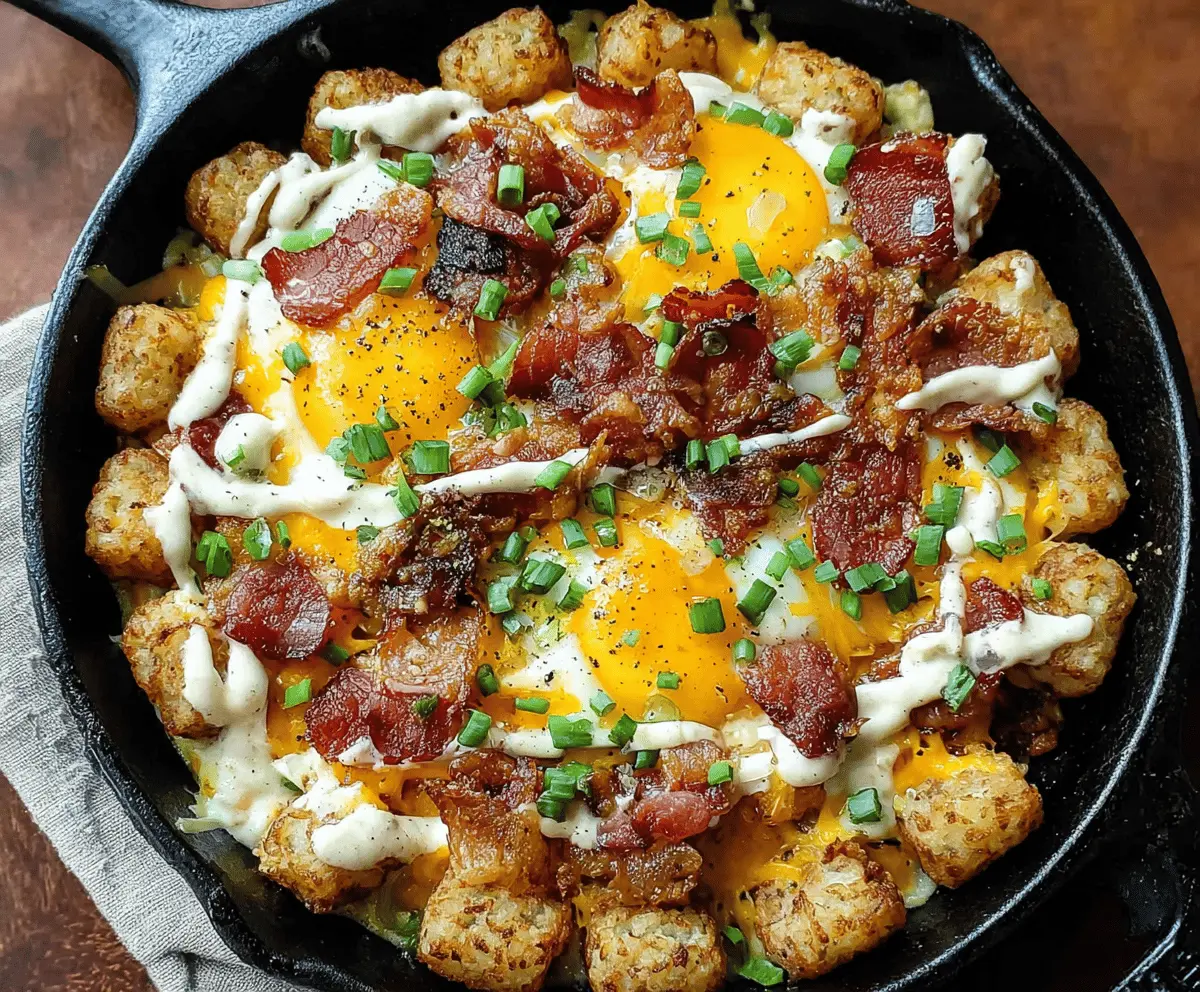 Delicious Tater Tot Breakfast Skillet with eggs, cheese, and breakfast meats served in a skillet.
