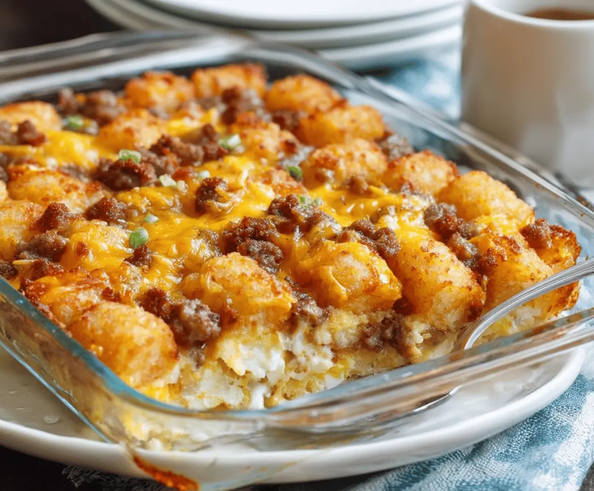 Delicious Tater Tot Sausage Breakfast Casserole served fresh, featuring crispy tater tots, savory sausage, and melted cheese.