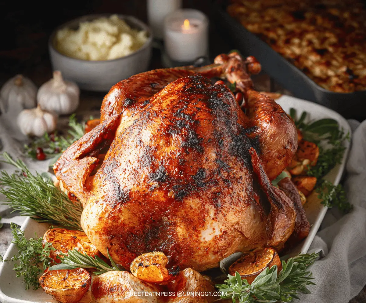 Golden roasted Thanksgiving turkey served on a festive platter with stuffing and side dishes.