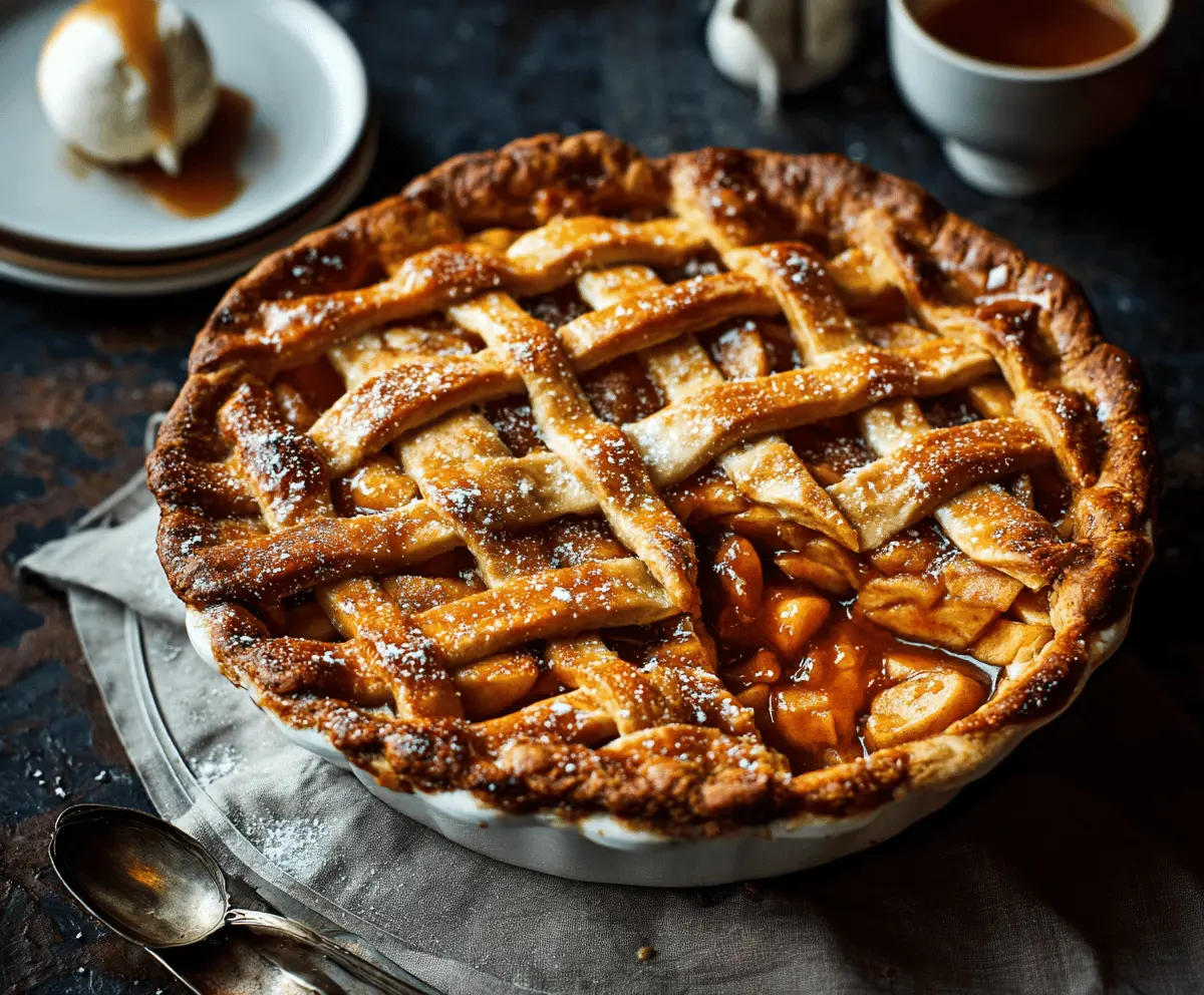 Delicious homemade toffee apple pie with golden crust and caramel topping