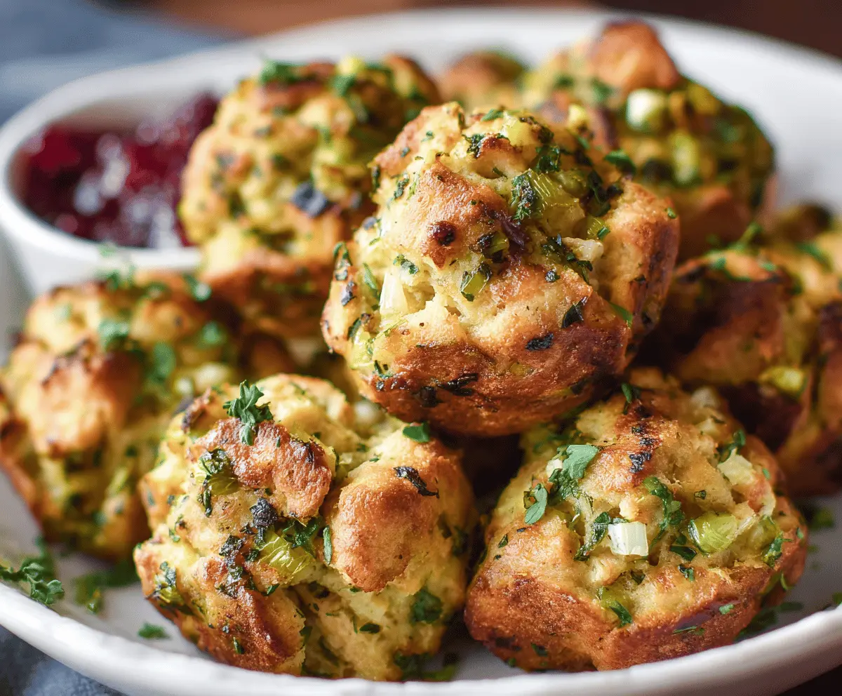 Delicious turkey stuffing balls served on a festive plate for holiday dinner.