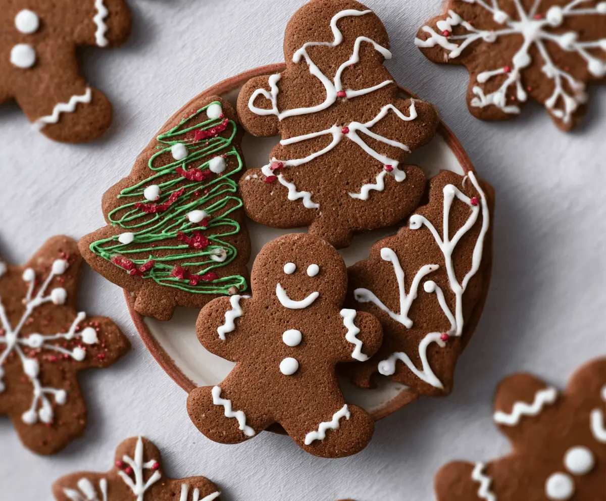 Delicious vegan gingerbread cookies decorated for the holidays on a festive plate.